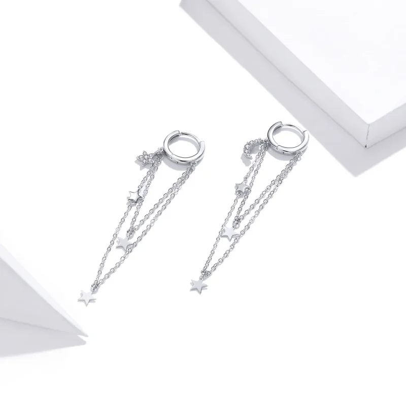 (image for) Pandora Style Silver Elegant Star Moon Dangle Earrings - SCE982 - View 2