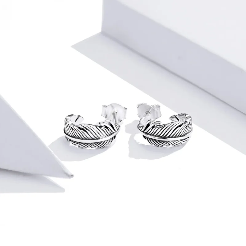 (image for) Pandora Style Silver Feather Hoop Earrings - SCE923 - View 2