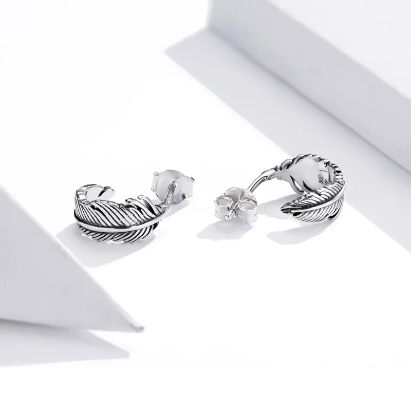 (image for) Pandora Style Silver Feather Hoop Earrings - SCE923 - View 4