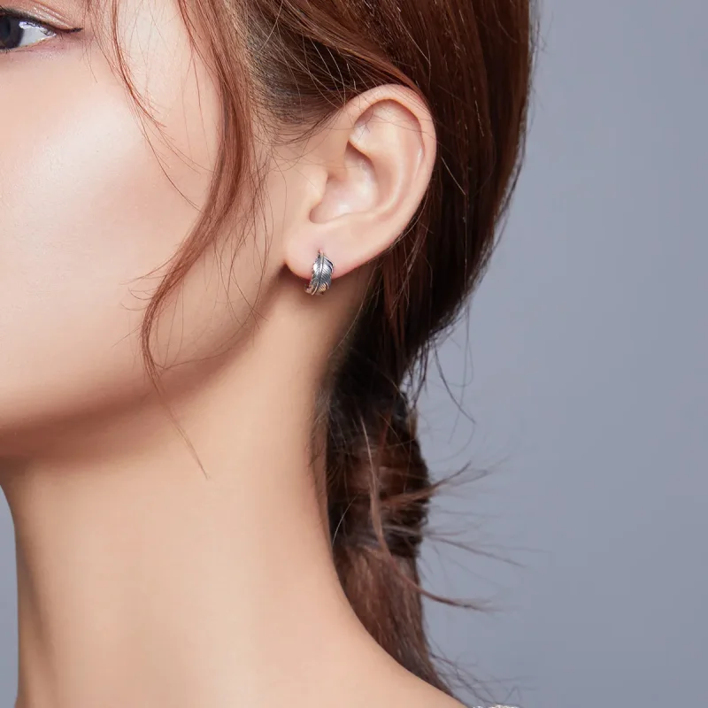 (image for) Pandora Style Silver Feather Hoop Earrings - SCE923 - View 6