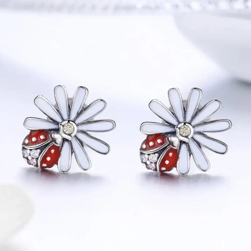 (image for) Pandora Style Silver Flower & Ladybug Stud Earrings - SCE459 - View 2