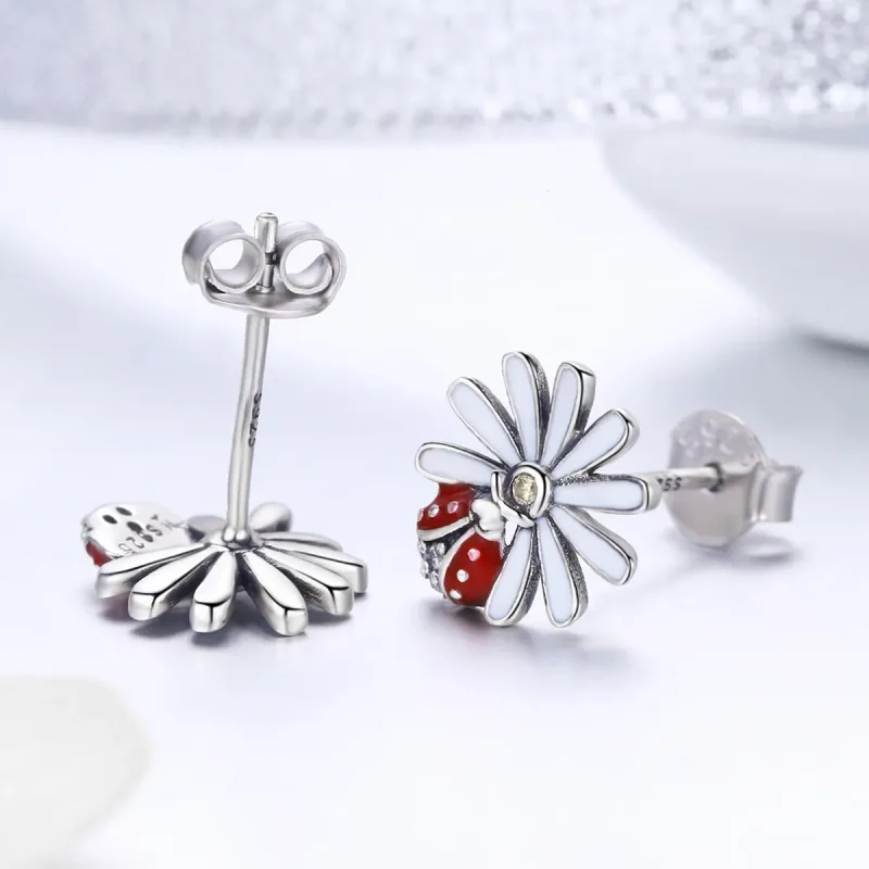 (image for) Pandora Style Silver Flower & Ladybug Stud Earrings - SCE459 - View 3