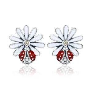 Pandora Style Silver Flower & Ladybug Stud Earrings - SCE459 (image for) Pandora Style Silver Flower & Ladybug Stud Earrings - SCE459