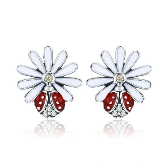 (image for) Pandora Style Silver Flower & Ladybug Stud Earrings - SCE459