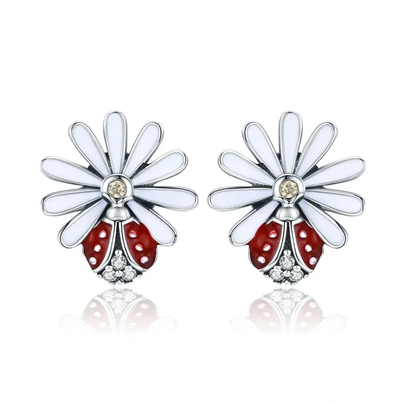 (image for) Pandora Style Silver Flower & Ladybug Stud Earrings - SCE459