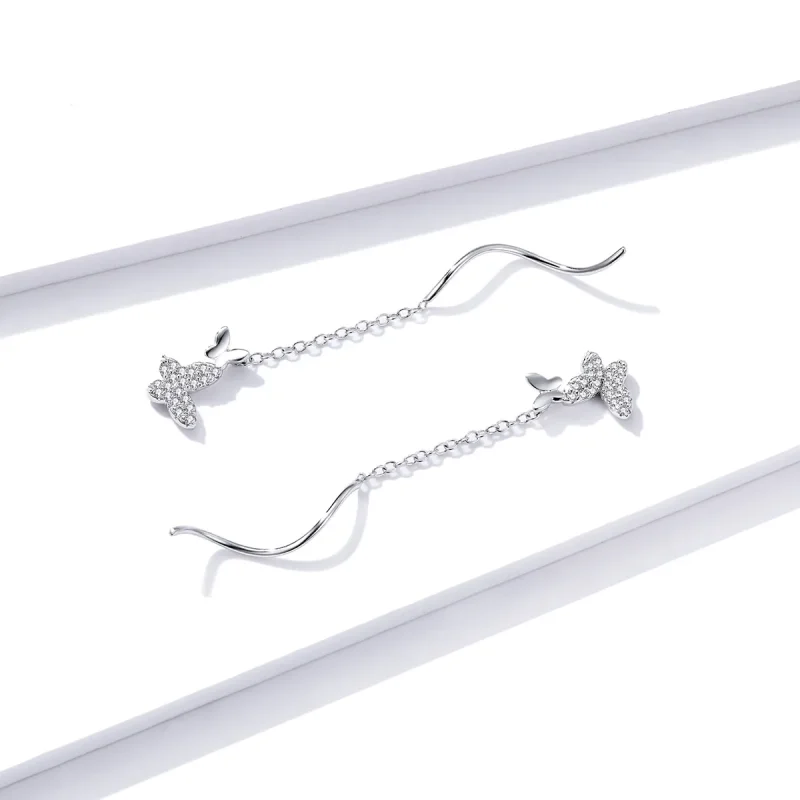 (image for) Pandora Style Silver Flying Butterflies Dangle Earrings - BSE436 - View 3