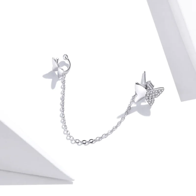 (image for) Pandora Style Silver Flying Butterflies Dangle Earrings - SCE913 - View 2