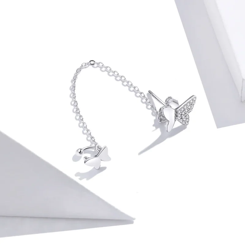 (image for) Pandora Style Silver Flying Butterflies Dangle Earrings - SCE913 - View 3