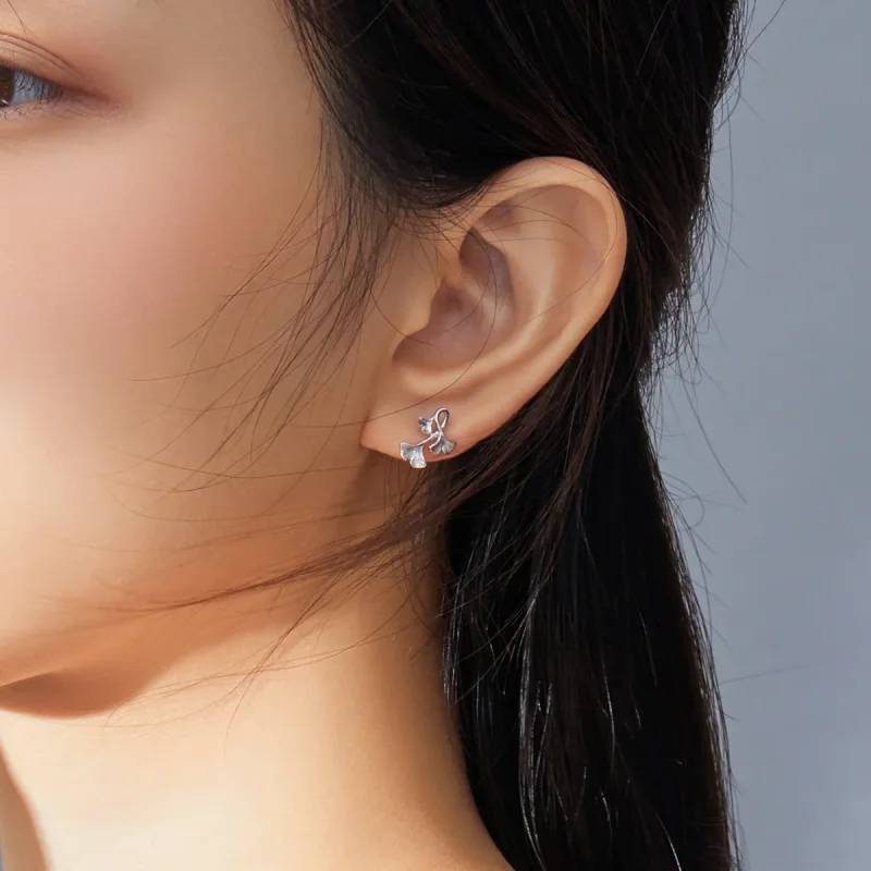 (image for) Pandora Style Silver Ginkgo Leaf Stud Earrings - BSE328 - View 5