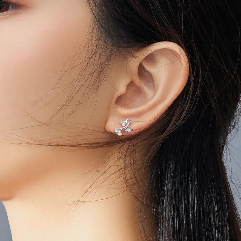 (image for) Pandora Style Silver Ginkgo Leaf Stud Earrings - BSE328 - View 6
