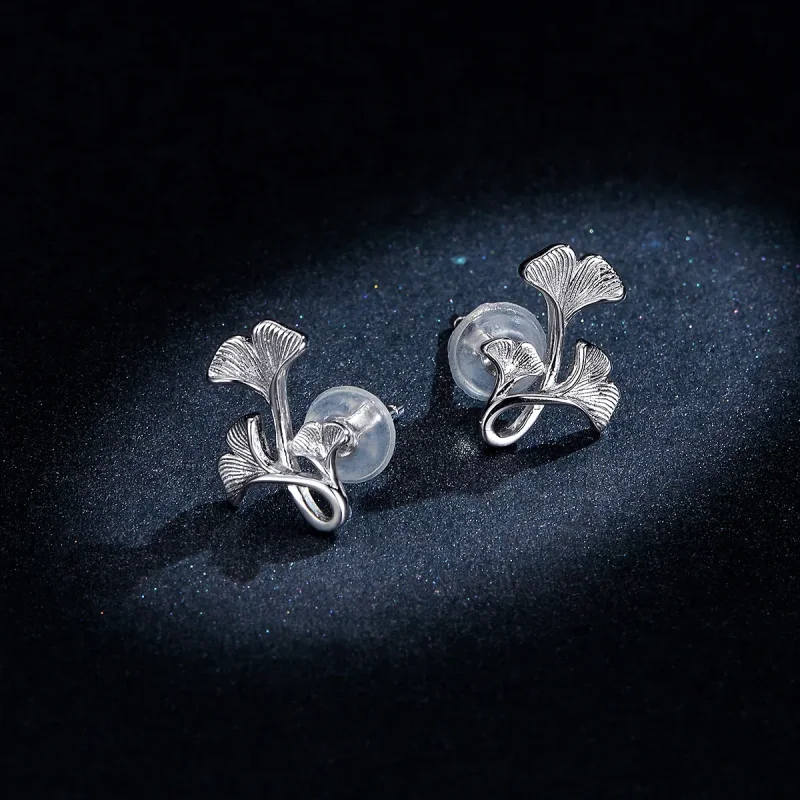(image for) Pandora Style Silver Ginkgo Leaf Stud Earrings - BSE328 - View 8