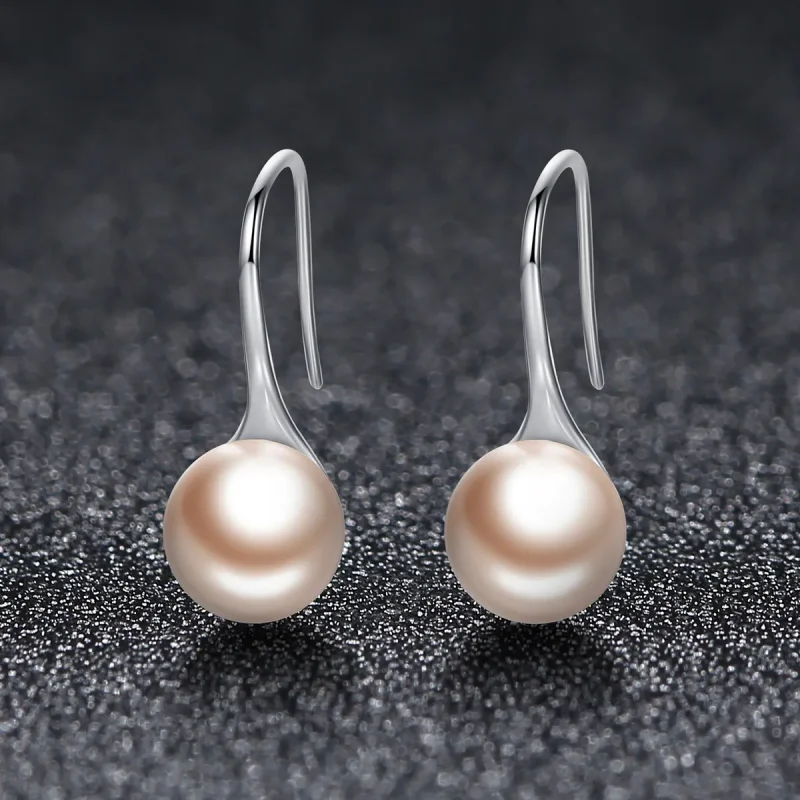 (image for) Pandora Style Silver Golden Pearl Hanging Earrings - SCE146 - View 3