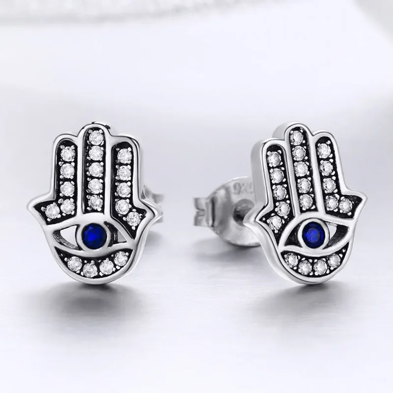 (image for) Pandora Style Silver Hamsa Hand Stud Earrings - SCE389 - View 2