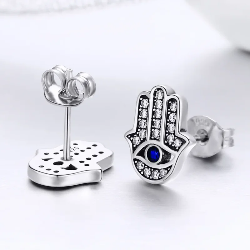 (image for) Pandora Style Silver Hamsa Hand Stud Earrings - SCE389 - View 3