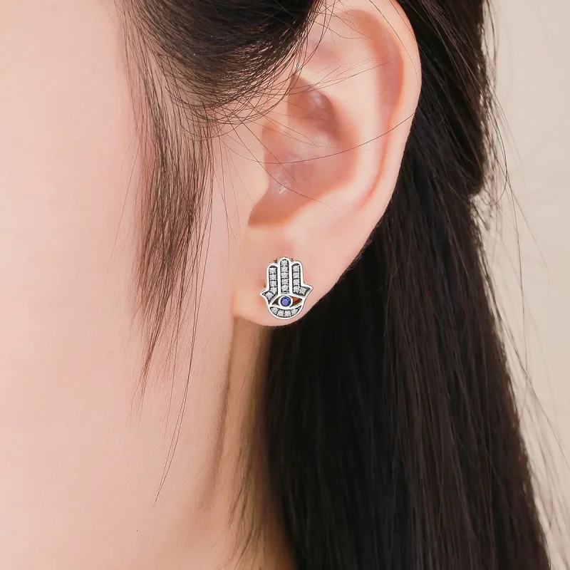 (image for) Pandora Style Silver Hamsa Hand Stud Earrings - SCE389 - View 4