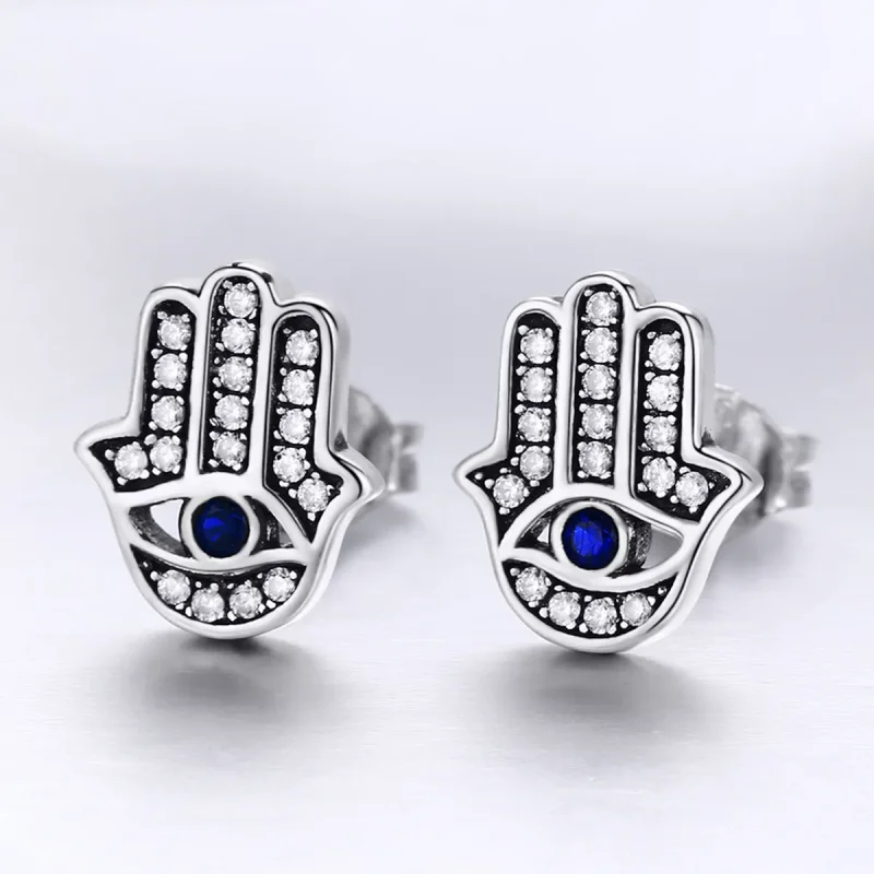 (image for) Pandora Style Silver Hamsa Hand Stud Earrings - SCE389 - View 5