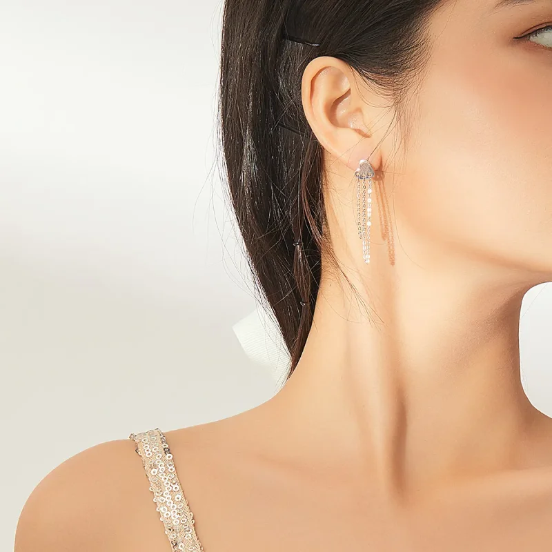 (image for) Pandora Style Silver Heart Tassels Dangle Earrings - SCE867 - View 5