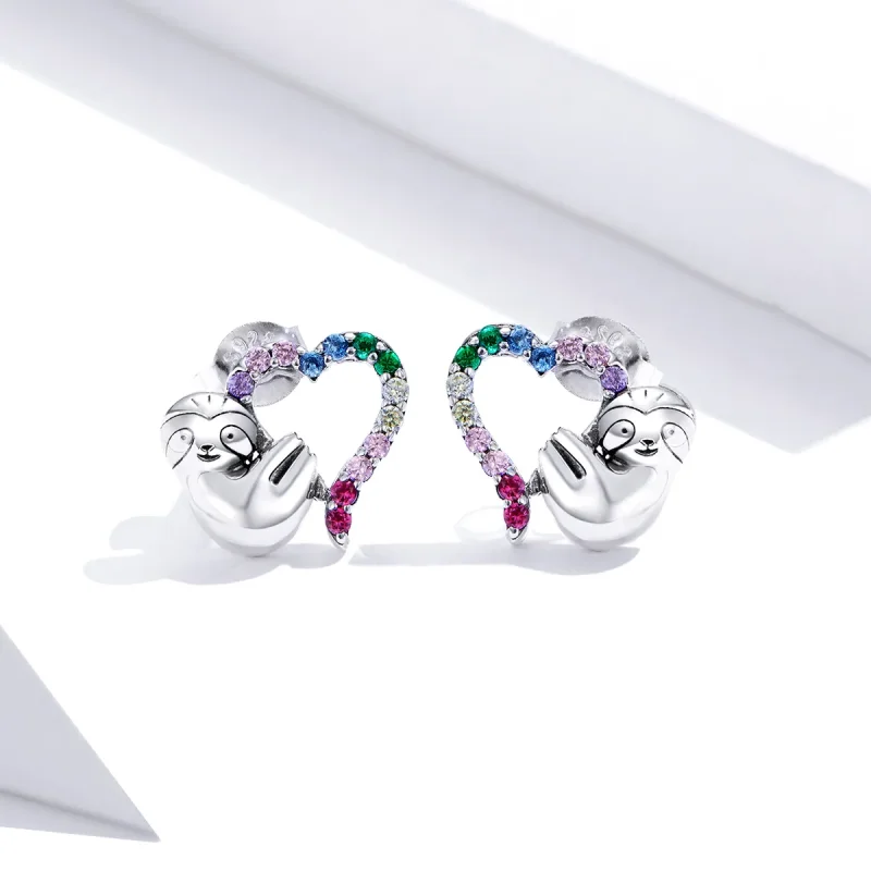 (image for) Pandora Style Silver Heart-Shaped Little Sloth Stud Earrings - SCE885 - View 2