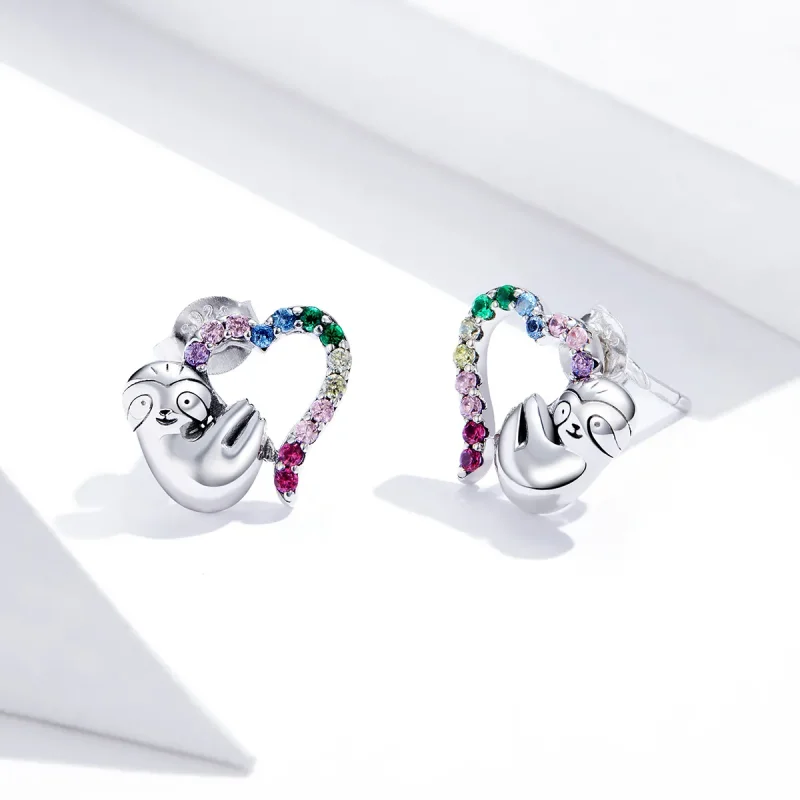 (image for) Pandora Style Silver Heart-Shaped Little Sloth Stud Earrings - SCE885 - View 3