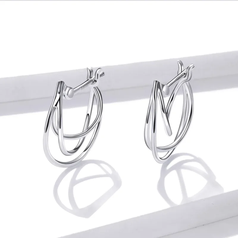 (image for) Pandora Style Silver Intertwined Lines Hoop Earrings - BSE443 - View 3