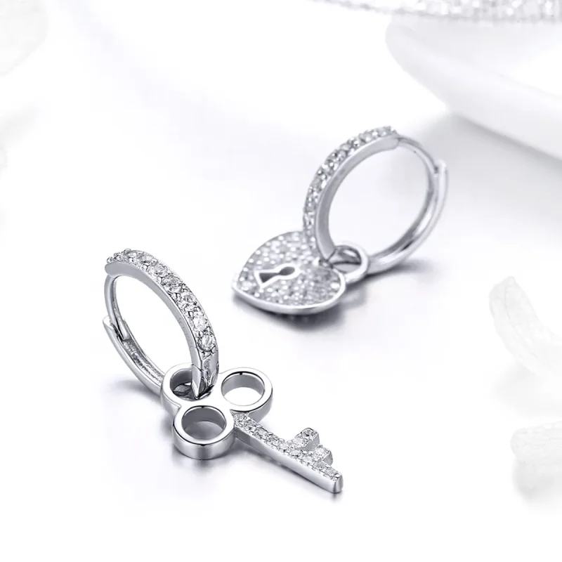 (image for) Pandora Style Silver Key and Lock Hoop Earrings - SCE577 - View 3