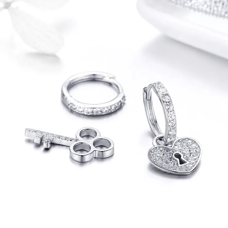 (image for) Pandora Style Silver Key and Lock Hoop Earrings - SCE577 - View 4