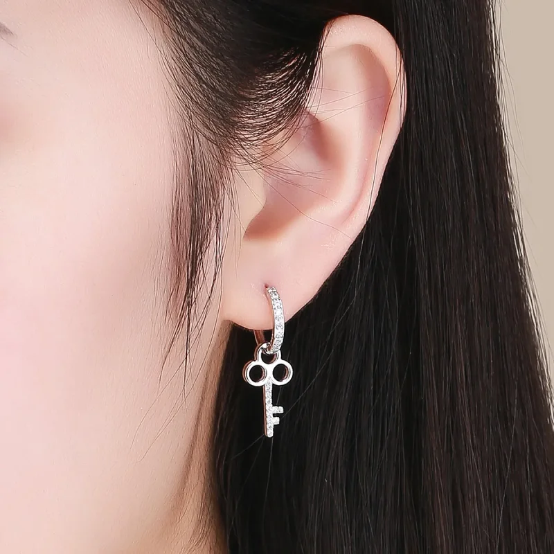 (image for) Pandora Style Silver Key and Lock Hoop Earrings - SCE577 - View 5