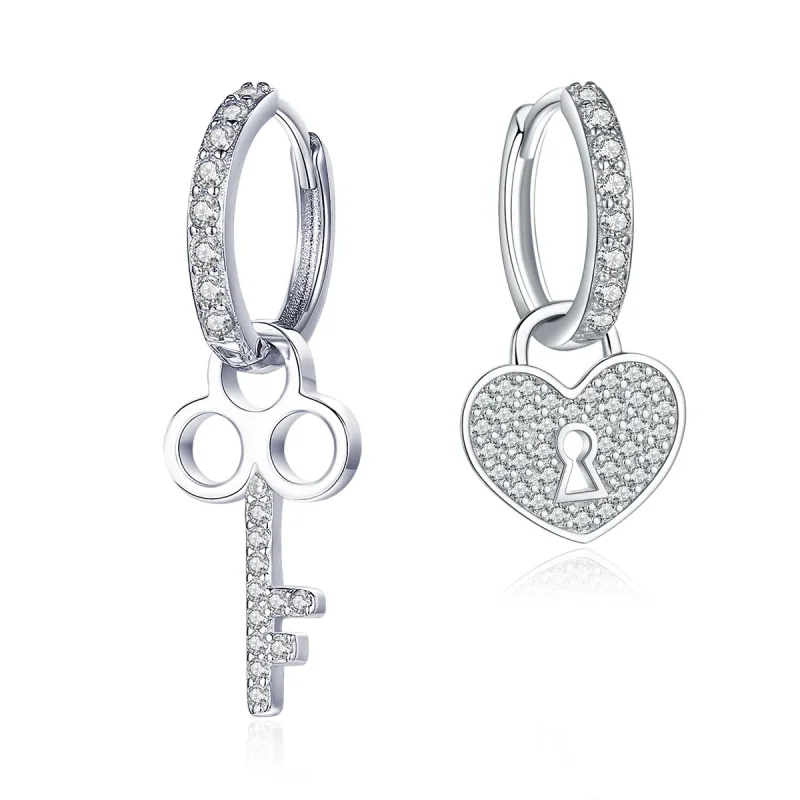 (image for) Pandora Style Silver Key and Lock Hoop Earrings - SCE577