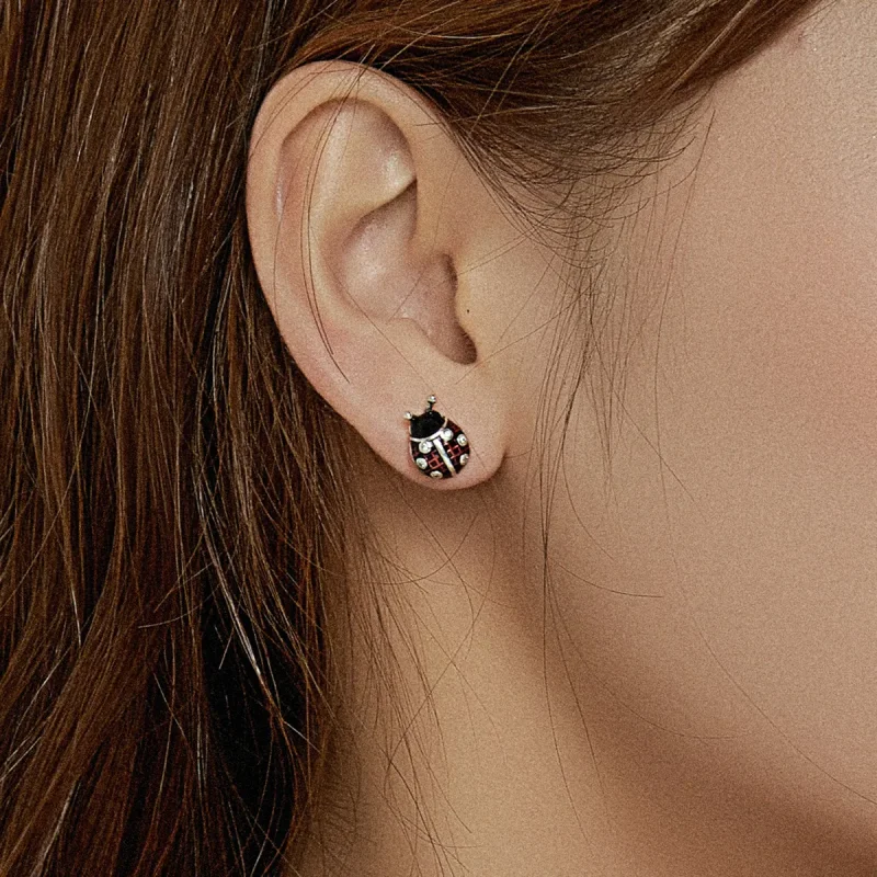(image for) Pandora Style Silver Ladybug Stud Earrings - SCE972 - View 6