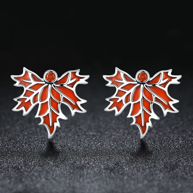 (image for) Pandora Style Silver Late Autumn Maple Leaves Stud Earrings - SCE264 - View 3