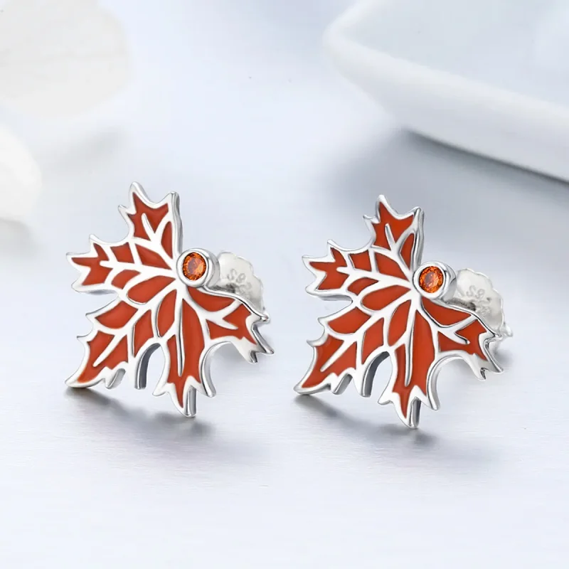 (image for) Pandora Style Silver Late Autumn Maple Leaves Stud Earrings - SCE264 - View 4