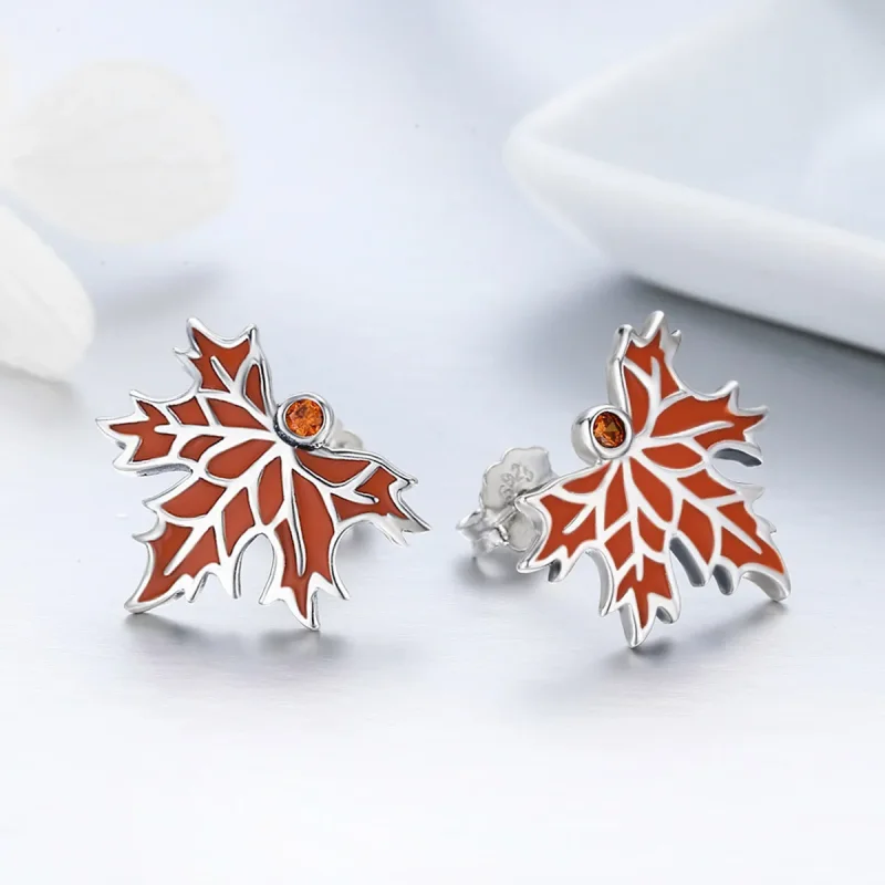 (image for) Pandora Style Silver Late Autumn Maple Leaves Stud Earrings - SCE264 - View 6