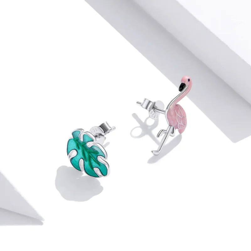 (image for) Pandora Style Silver Leaf & Flamingos Stud Earrings - SCE1124 - View 4