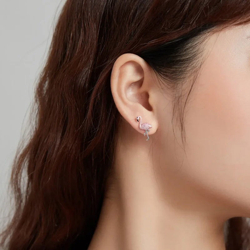 (image for) Pandora Style Silver Leaf & Flamingos Stud Earrings - SCE1124 - View 8