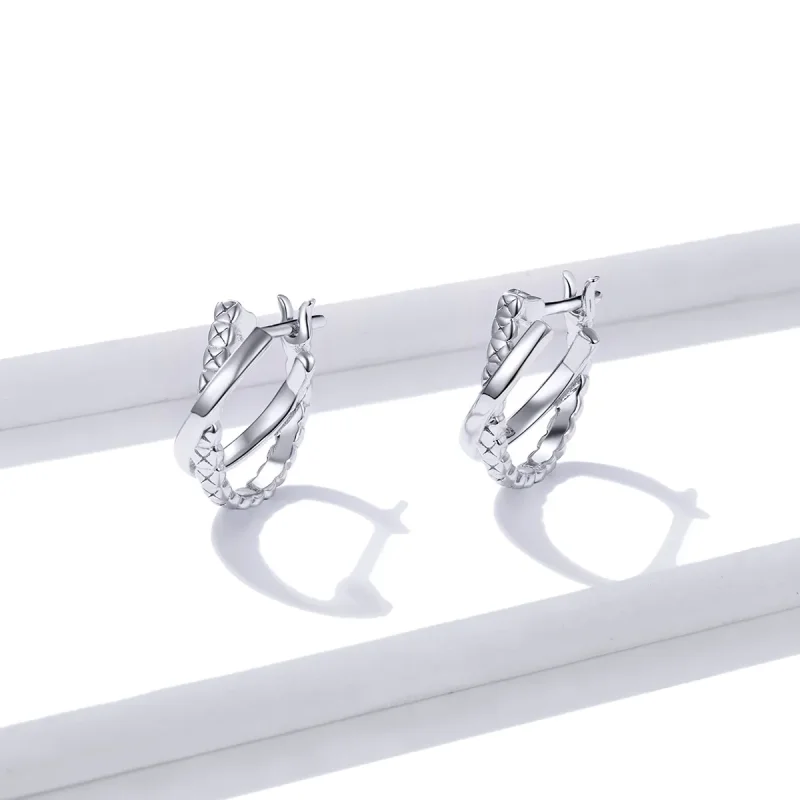 (image for) Pandora Style Silver Leather Texture Hoop Earrings - BSE440 - View 2