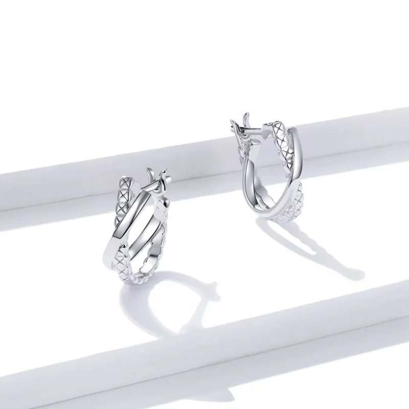 (image for) Pandora Style Silver Leather Texture Hoop Earrings - BSE440 - View 3