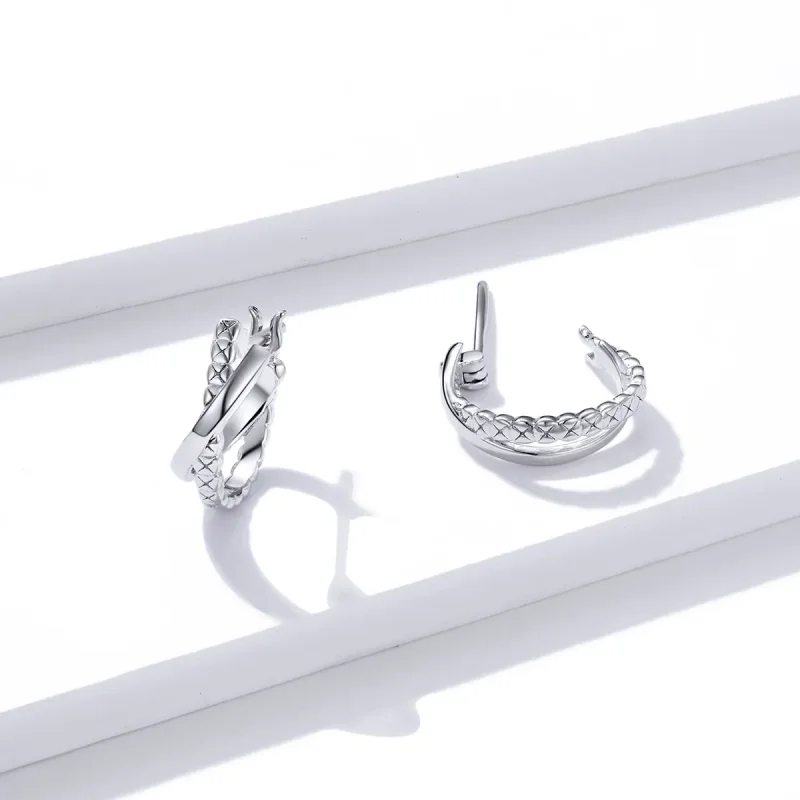 (image for) Pandora Style Silver Leather Texture Hoop Earrings - BSE440 - View 4