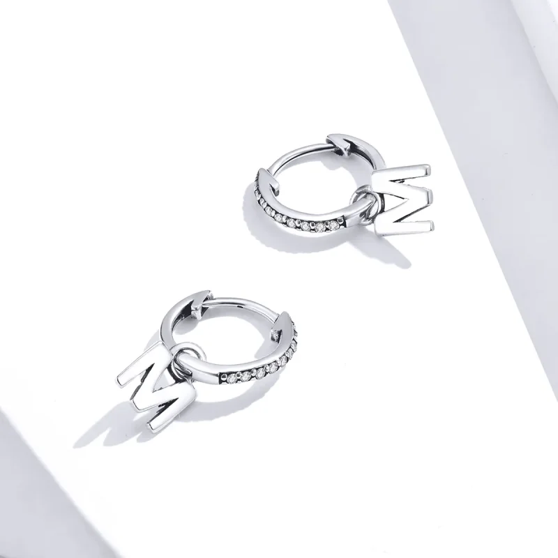 (image for) Pandora Style Silver Letter M Dangle Earrings - SCE848-M - View 2