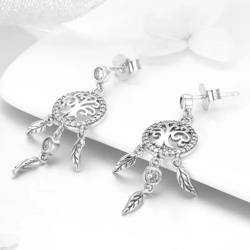 (image for) Pandora Style Silver Life Tree & Dream Catcher Hanging Earrings - SCE457 - View 2