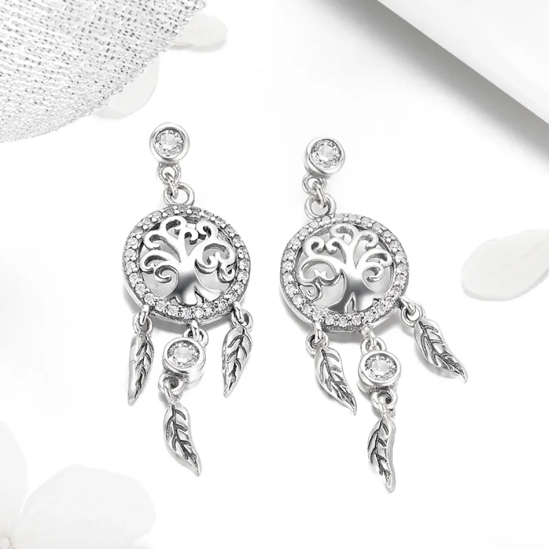 (image for) Pandora Style Silver Life Tree & Dream Catcher Hanging Earrings - SCE457 - View 3