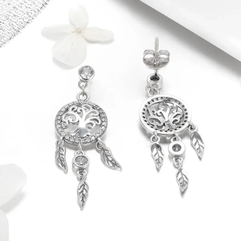 (image for) Pandora Style Silver Life Tree & Dream Catcher Hanging Earrings - SCE457 - View 4