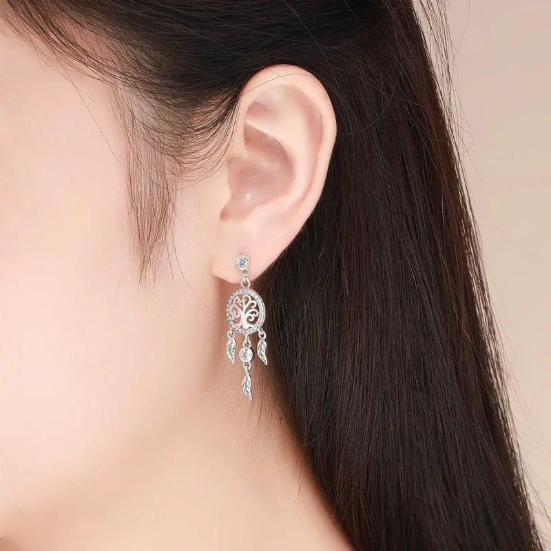 (image for) Pandora Style Silver Life Tree & Dream Catcher Hanging Earrings - SCE457 - View 5