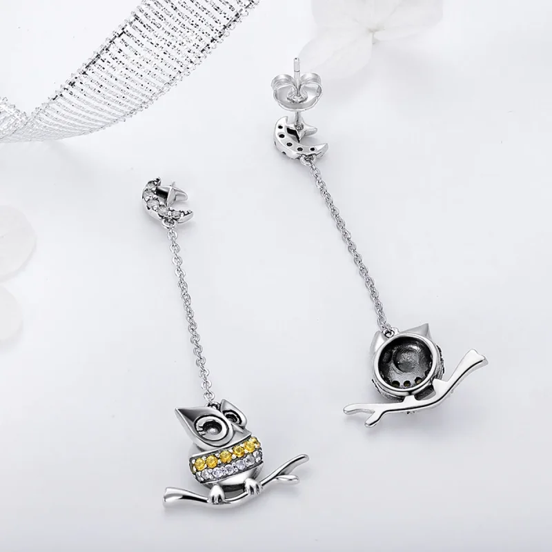 (image for) Pandora Style Silver Lovely Owl Hanging Earrings - SCE396 - View 2