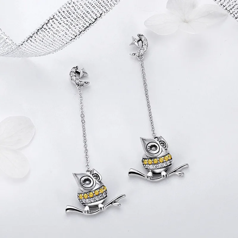 (image for) Pandora Style Silver Lovely Owl Hanging Earrings - SCE396 - View 3