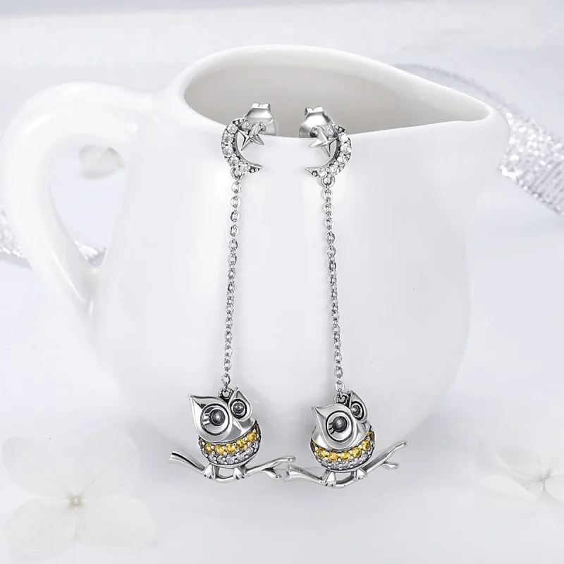 (image for) Pandora Style Silver Lovely Owl Hanging Earrings - SCE396 - View 4