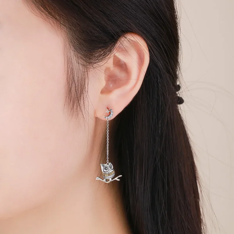 (image for) Pandora Style Silver Lovely Owl Hanging Earrings - SCE396 - View 5