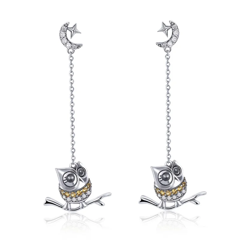 (image for) Pandora Style Silver Lovely Owl Hanging Earrings - SCE396