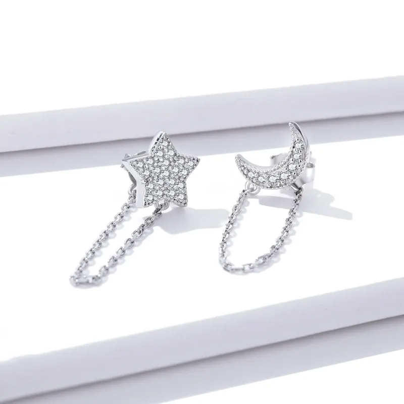 (image for) Pandora Style Silver Midnight Moon And Star Dangle Earrings - BSE385 - View 2