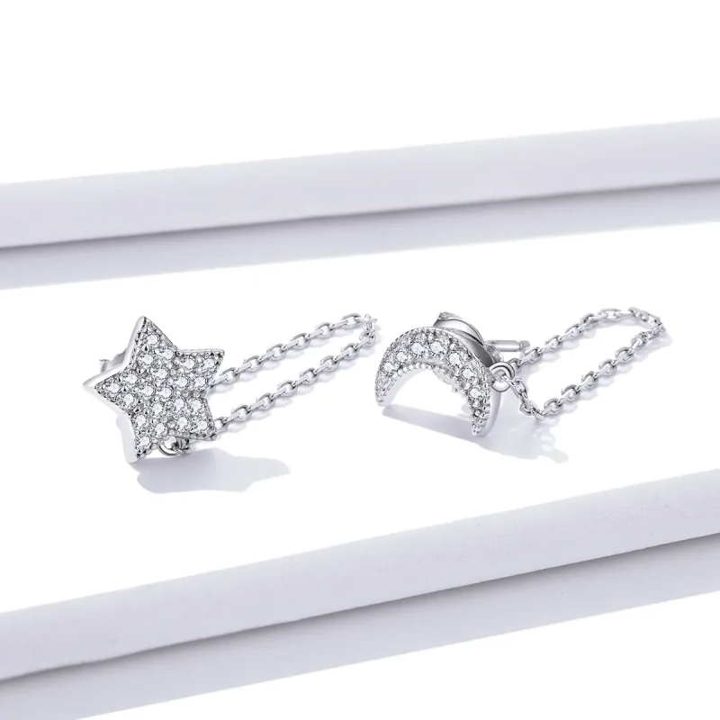 (image for) Pandora Style Silver Midnight Moon And Star Dangle Earrings - BSE385 - View 3