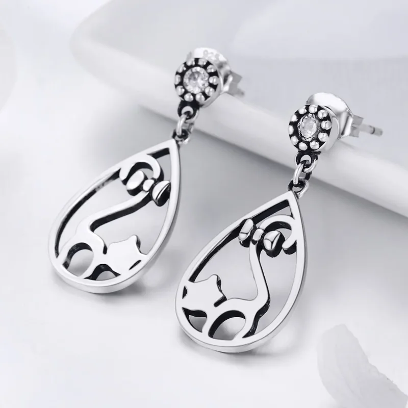 (image for) Pandora Style Silver Miss Kitty Hanging Earrings - SCE365 - View 2